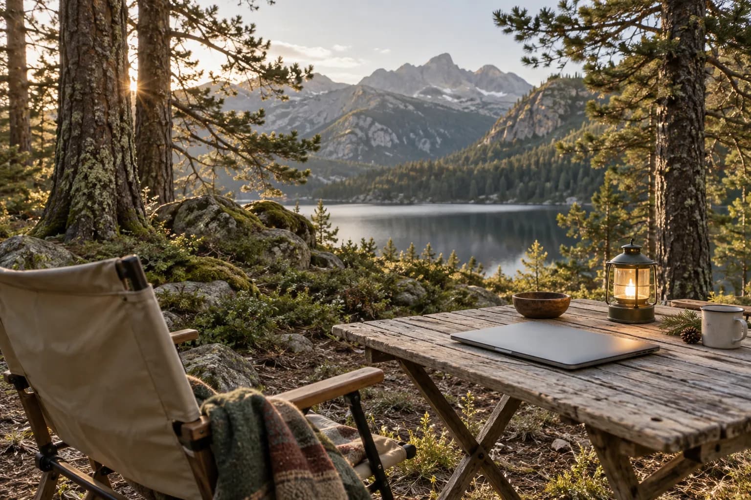 Mesa de camping con un portátil cerrado frente a un lago entre montañas